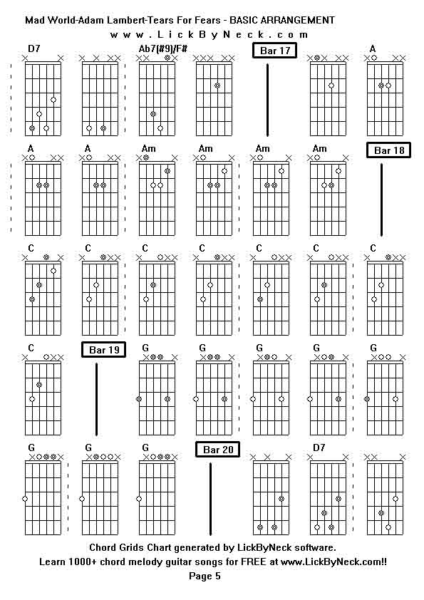 Chord Grids Chart of chord melody fingerstyle guitar song-Mad World-Adam Lambert-Tears For Fears - BASIC ARRANGEMENT,generated by LickByNeck software.